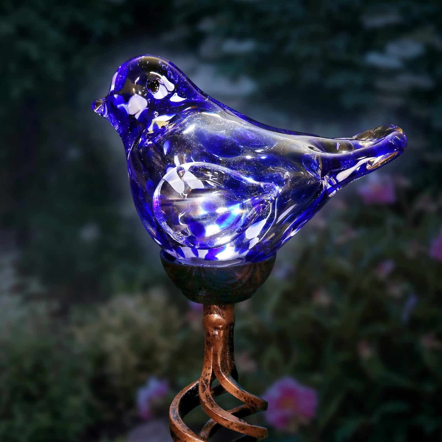 Decorative Garden Stakes - Exhart Garden Solar Lights, Decorative LED Bird Garden Stake, Hand Blown Glass and Metal Outdoor Decoration, Blue, 5.5 x 31 Inch