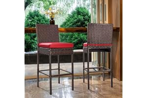 PATIO NOVAGARDEN Patio Stools & Bar Chairs Outdoor Wicker Bar Stools Set of 2 Counter Height Bar Stools Patio Chairs Bar Height with Footrest Armless Cushion Red All Weather Rattan for Garden Pool Lawn Backyard