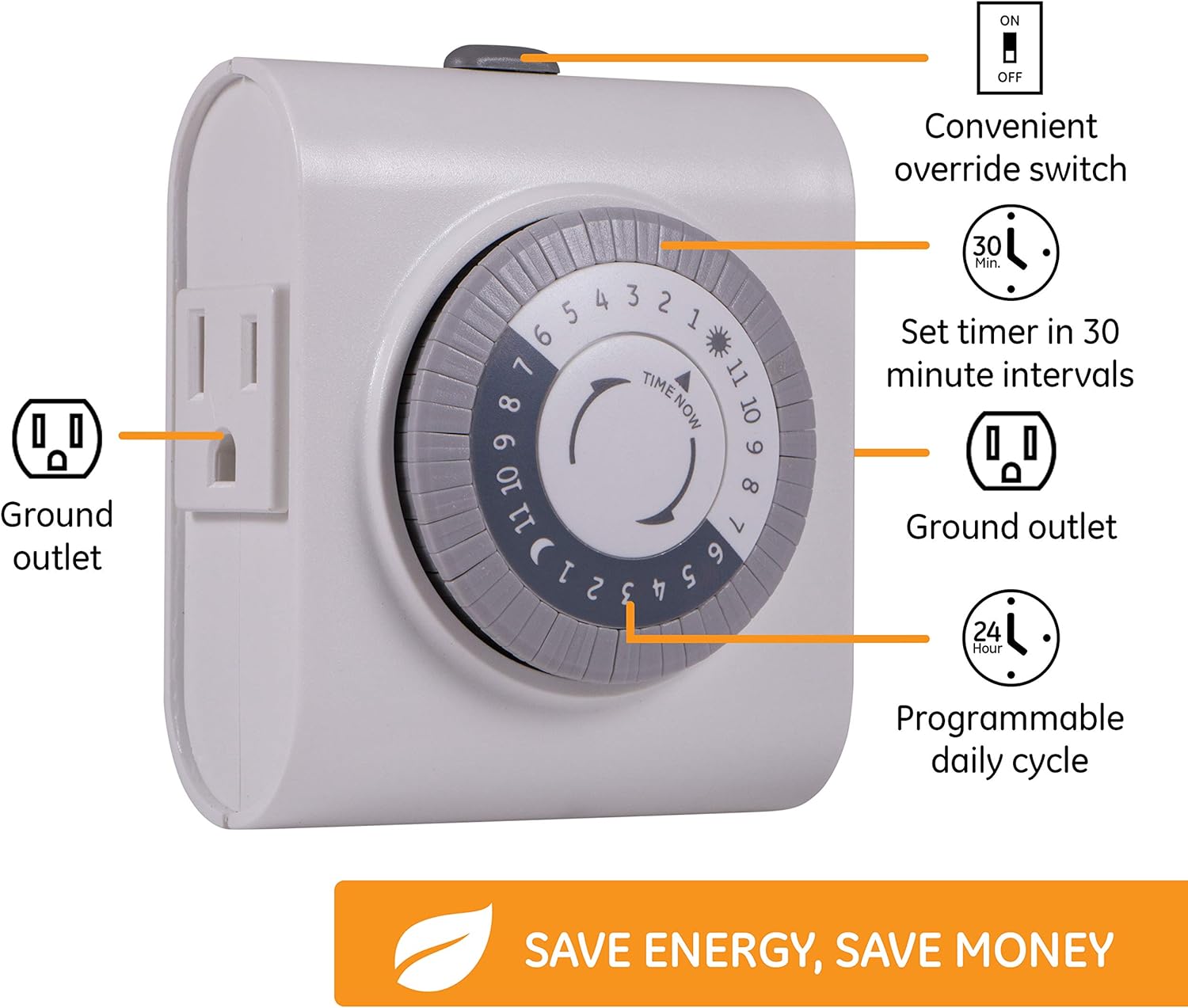 GE 24-Hour Heavy Duty Indoor Plug-in Mechanical Timer, 2 Grounded Outlets, 30 Minute Intervals, Daily On/Off Cycle, for Lamps, Seasonal, Christmas Tree Lights and Holiday Decorations, 15075 - Plug In Timer Switches - 