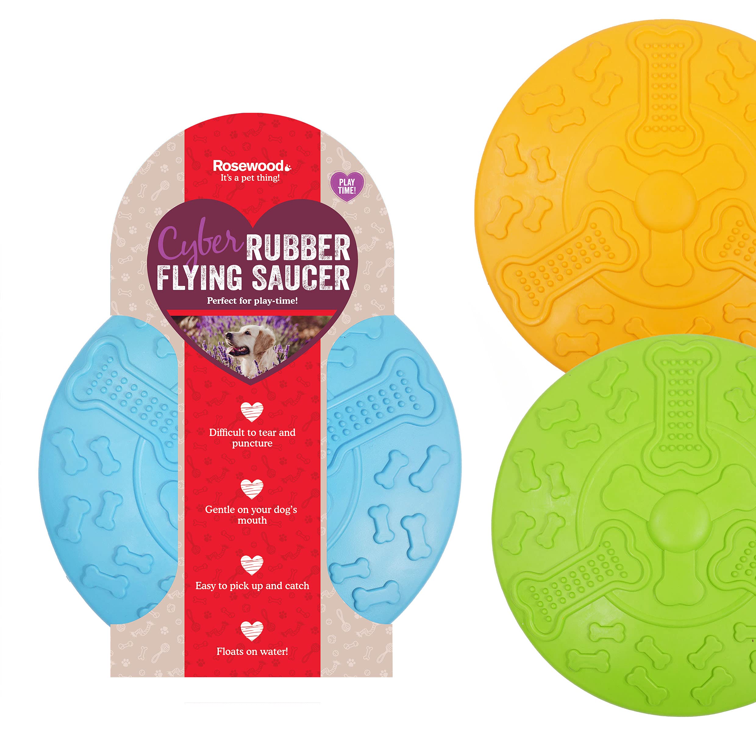 Rosewood Cyber Rubber Flying Saucer Frisbee for Dogs - Tough, Lightweight, Interactive Dog Toy for Active Play and Fetch - Non-Toxic Rubber - Floats on Water - Assorted Colours (1pc, Large)