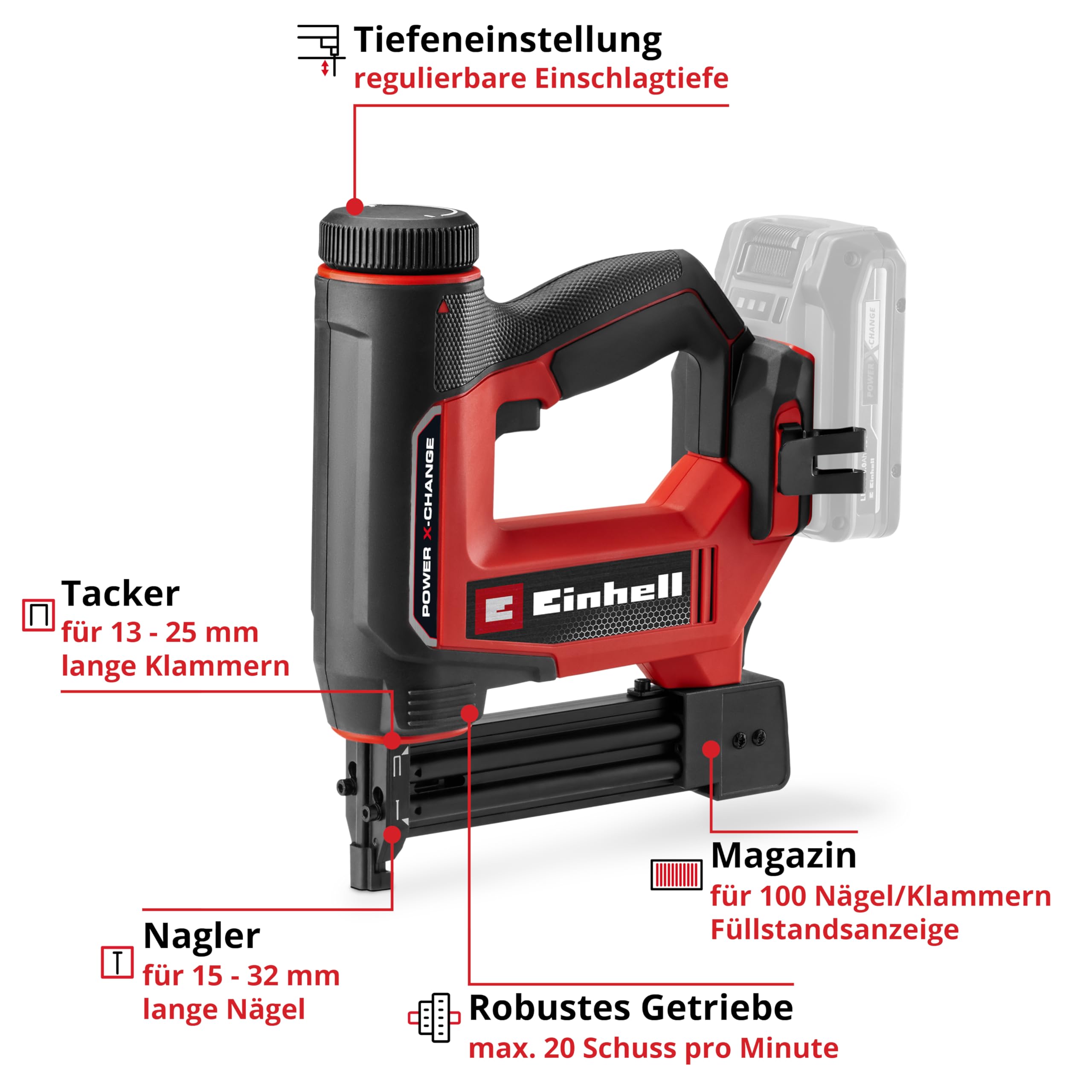 Einhell Akku-Nagler / -Tacker TE-CN 18/32 Li - Solo Power X-Change (18 V, 20 Schläge/min, max. 25 mm Klammern, max. 32 mm Nägel, inkl. je 300 Klammern & Nägel, ohne Akku) 3
