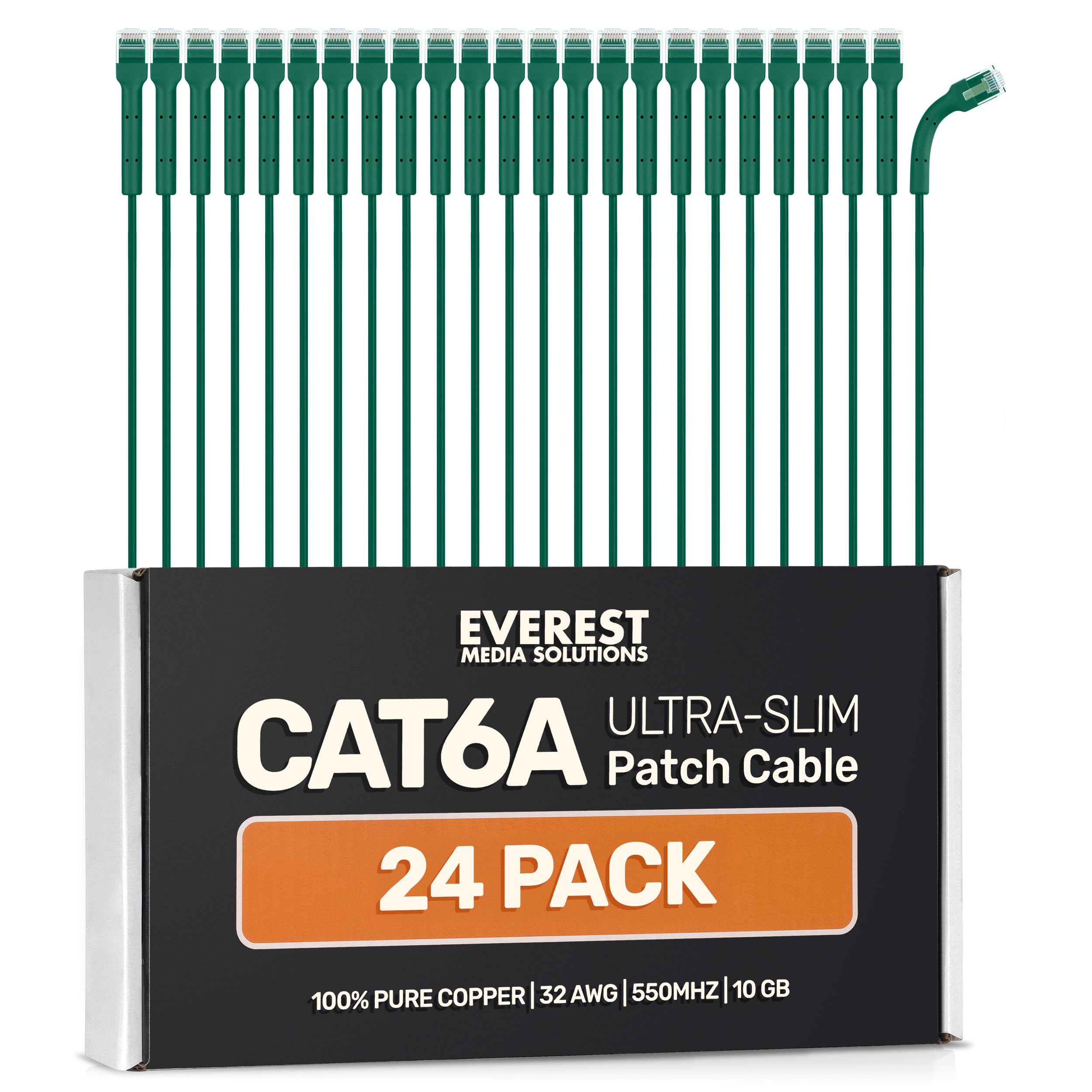 Photo 1 of Everest Ultra Slim Cat6a Ethernet Patch Cables 0.5ft (24-Pack) Green - 6 Inch 10GB Cat 6a Patch Cable - Bendable, Flexible & Thin Ethernet Cable - 32AWG 550MHZ Cat6a Cables - 100% Copper Wires