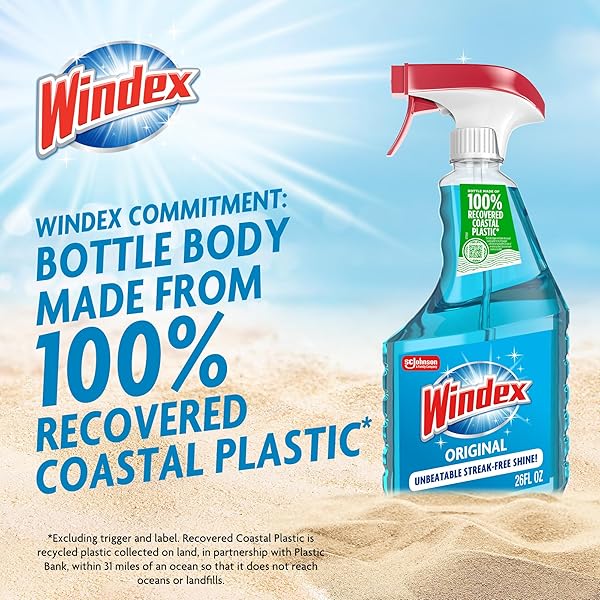 WINDEX GLASS AND WINDOW CLEANER SPRAY BOTTLE, PACKAGING DESIGNED TO PREVENT LEAKAGE AND BREAKING, SURFACE CLEANING SPRAY, ORIGINAL BLUE SCENT, 23 FL OZ