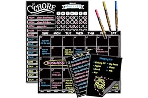 JJPRO Magnetic Chalkboard Monthly Calendar - Reward Chore Chart Blackboard Combo Set with Neon Bright Liquid Chalk Markers - Bonus Grocery List and Notepad Blackboard for Refrigerator Included