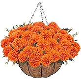 Fall Mums Artificial Flowers Hanging Basket for Outdoor Fall Porch Decor Fake Marigolds 6 Bundle Faux Silk Orange Flower Bouquet Chrysanthemum UV Resistant Realistic Plant for Autumn Table Home Decor