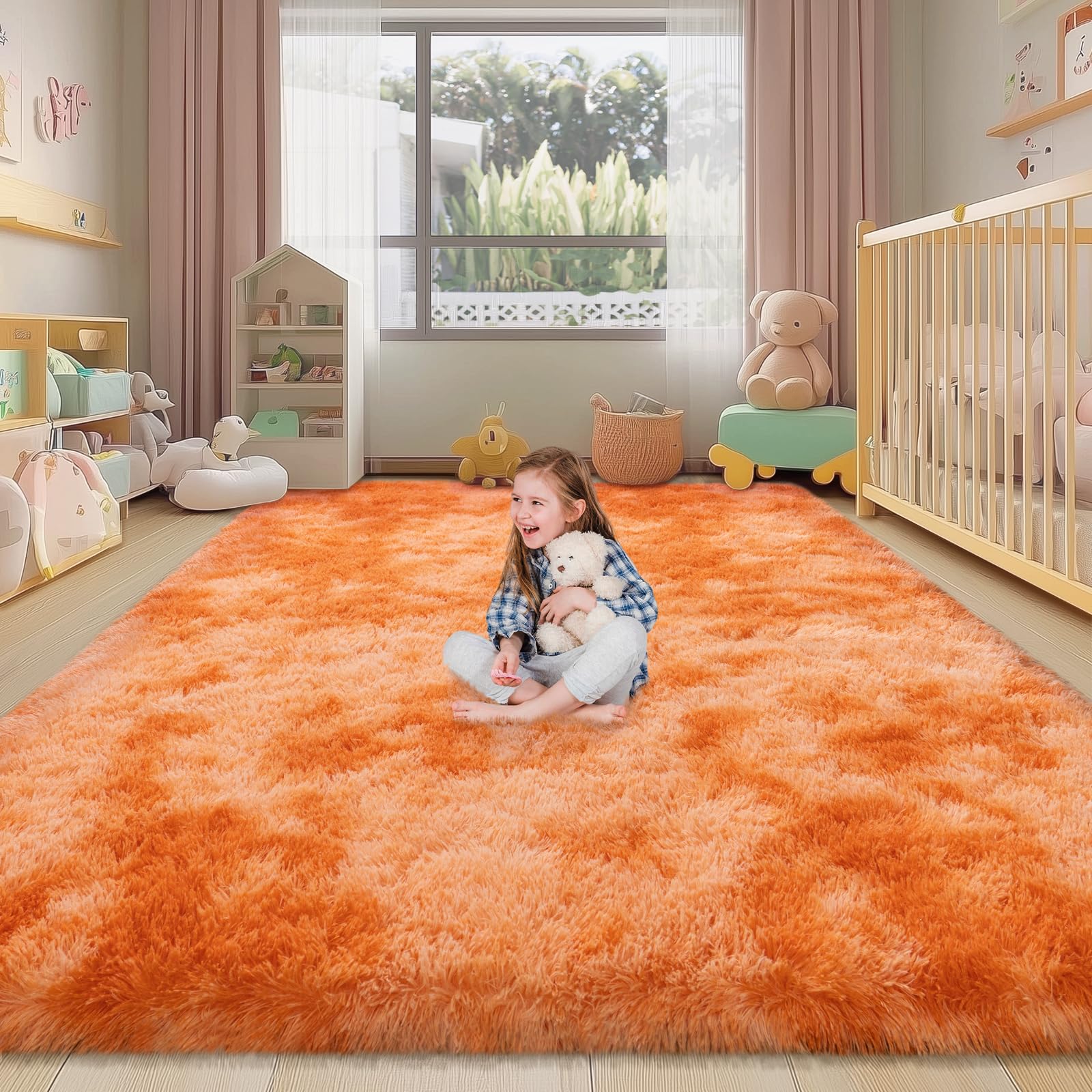 WISH TREE Kids Rugs for Bedroom, 5x7 Fluffy Shaggy Rugs for Living Room, Soft & Non Slip Fuzzy Orange Tie Dye Shag Rug for Girls Room Dorm Home Decor, Modern Indoor Floor Rug Image