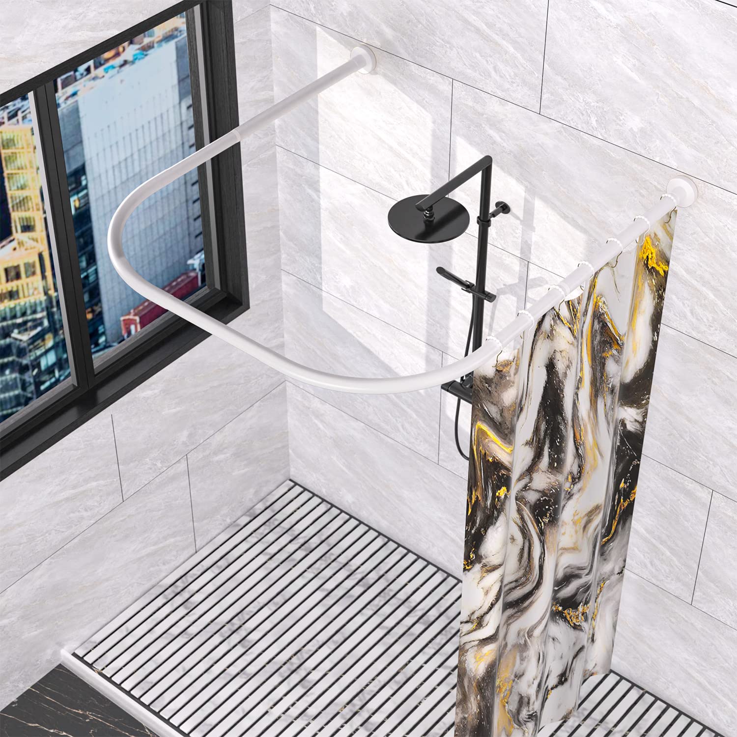 Sikaiqi 304 Stainless U Shaped Bathroom Bathtub Corner Shower Curtain Rod Rack, Size Adjustable (U Shaped White, Length on both sides:80-120 cm,Middle width:88-110 cm)