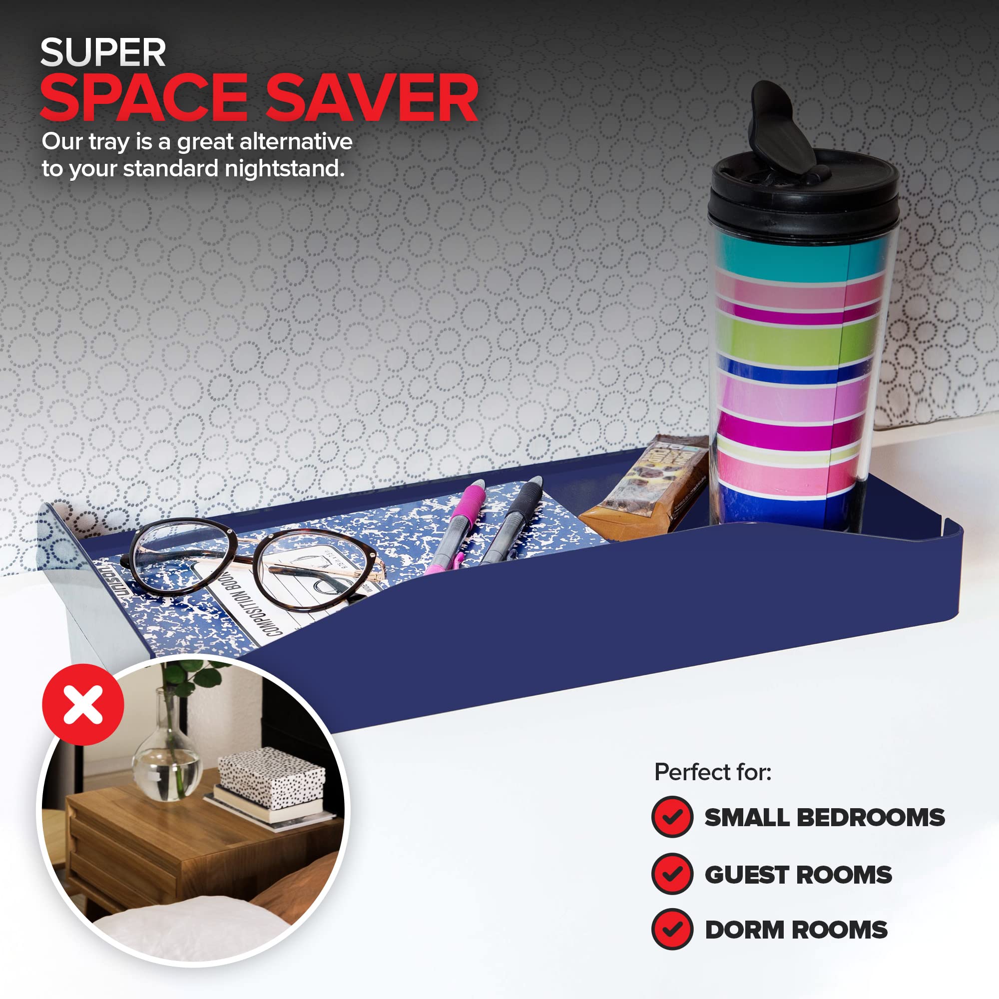 Modern Innovations Bedside Shelf for Bed, College Dorm Room, Bunk Bed Shelf for Top Bunk, Clip On Nightstand Tray with Cord and Cup Holder, Bunkbed Caddy for Table Storage (Navy)