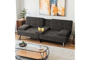 Shahoo Modern Linen Upholstered Convertible Folding Futon Sofa Bed with Removable Armrests, Metal Legs, 2 Cup Holders for Living Room, Black