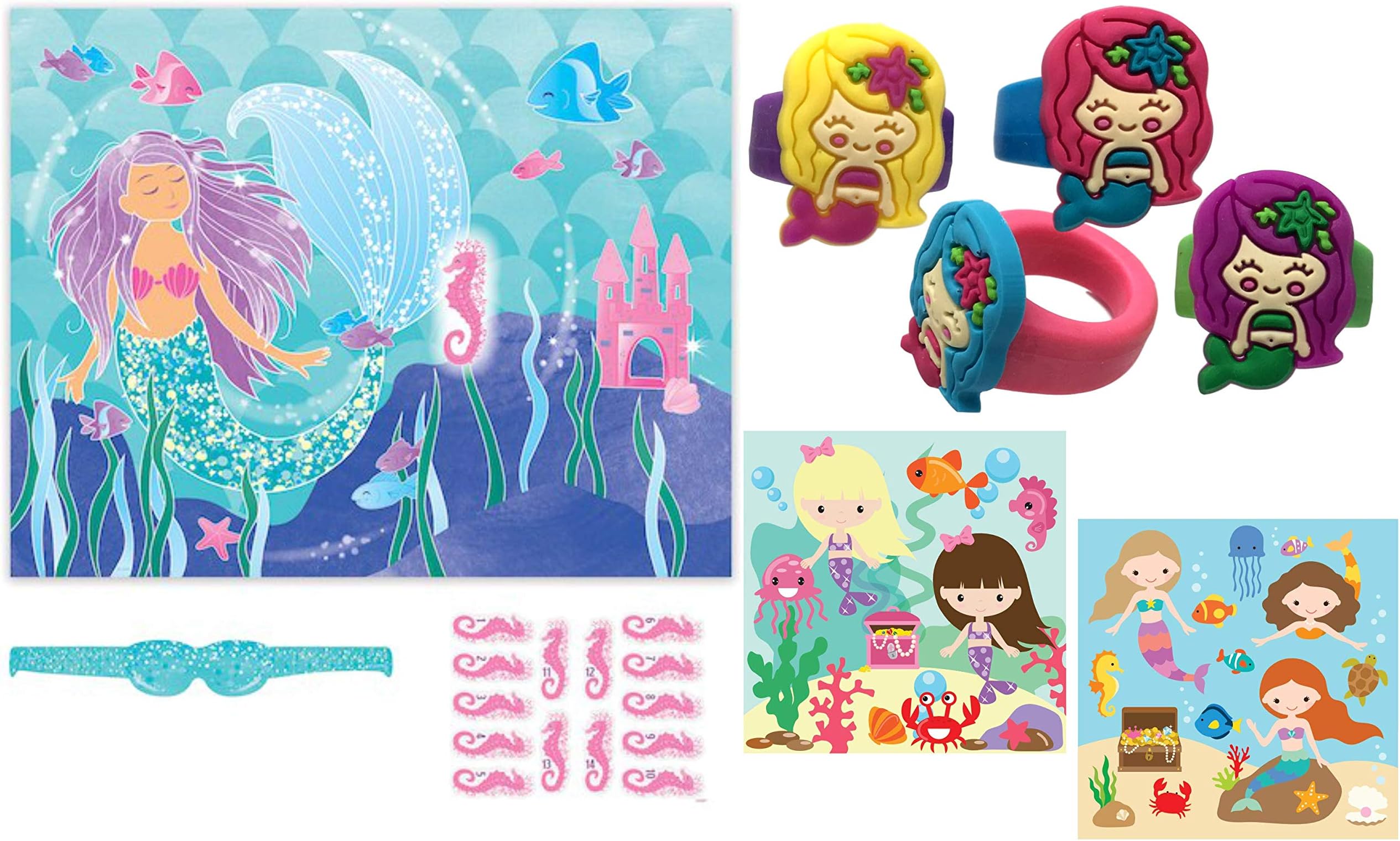 Mermaid Party Favors with Mermaid Game--37 Pc. Mermaid Birthday Party Supplies Bundle includes Adorable Mermaid Rings (12), Cute Mermaid Stickers (24), & Fun Mermaid Under the Sea "Pin the Tail" style Sea Horse Game, 15" x 19"