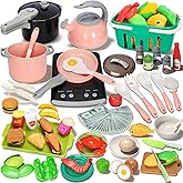 168Pcs Kids Play Kitchen Accessories Toy Set, Pretend Cooking Food Playset with Induction Cooktop, Pot, Pan, Utensils, Cutting Fruit, Prop Money & Shopping Basket, Learning Gifts for Toddler Girl Boy