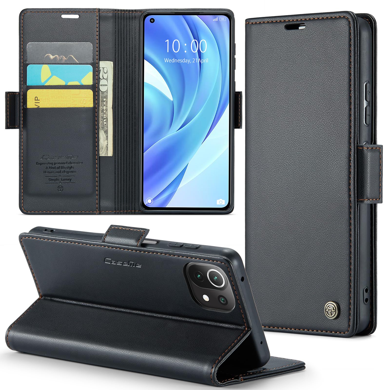 Phernykas for Xiaomi 11 Lite Wallet Case with Card Holder, Kickstand RFID Blocking Magnetic Closure Shockproof Protective PU Leather Case for Xiaomi 11 Lite Flip Case Wallet - Black