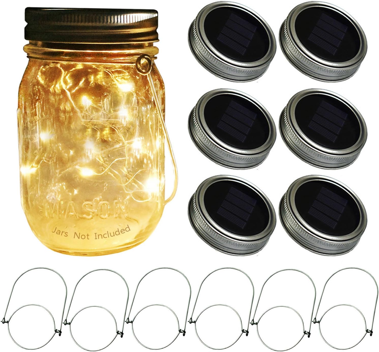 Mason Jar Solar Lids Lights,6-Pack 30 LEDs Fairy Fireflies String Lights Lids Insert(6 Hangers Included, Jars Not Included), Fits Regular Mouth Mason Jars,Patio Garden Decor Solar outdoor Laterns