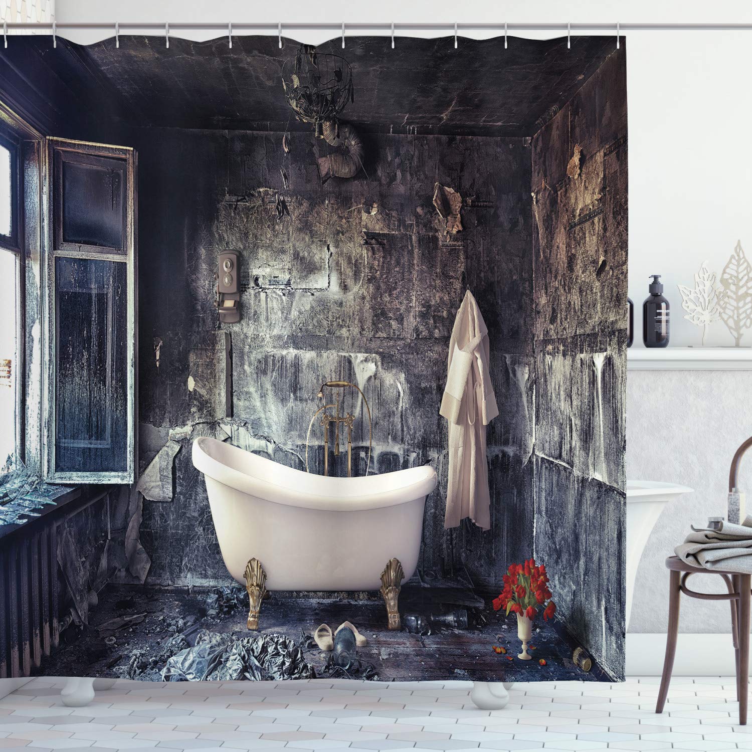 ABAKUHAUS Antique Shower Curtain, Bathtub in Old Room Bathroom Fresh Flower Bouquet Vase Victorian Retro Style, Cloth Fabric Bathroom Decor Set with Hooks, 175 x 240 cm, Brown White Grey