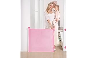 Likzest Retractable Baby Gate, Mesh Baby and Pet Gate 33" Tall, Extends up to 55" Wide, Child Safety Baby Gates for Stairs Doorways Hallways, Dog Gate Cat Gate for Indoor and Outdoor (Pink)