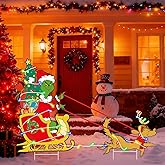 Outdoor Christmas Fence Peeker Yard Signs Wreath with LED Lights- Party Decorations for Indoor Christmas Tree Decor, Yard, Garden, Door, Fence for Holiday (sleigh)