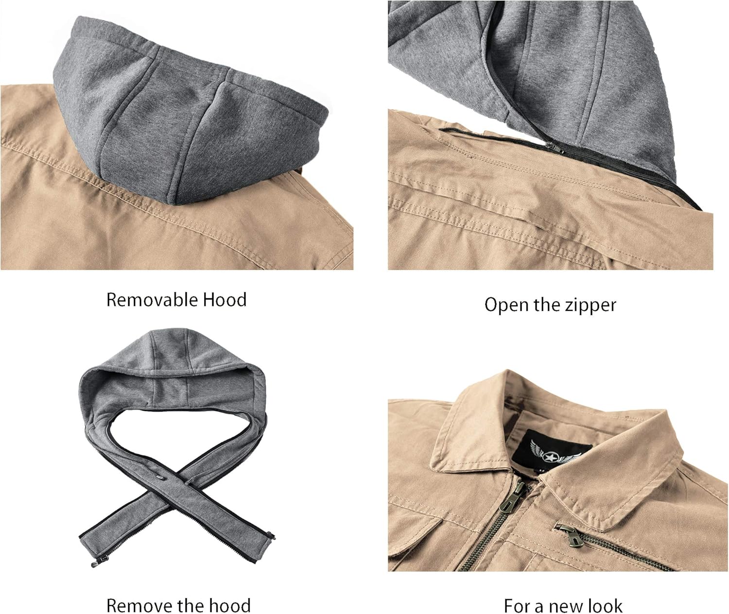 JYG Men's Casual Cotton Military Lapel Jacket with Removable Hood at  Men’s Clothing store