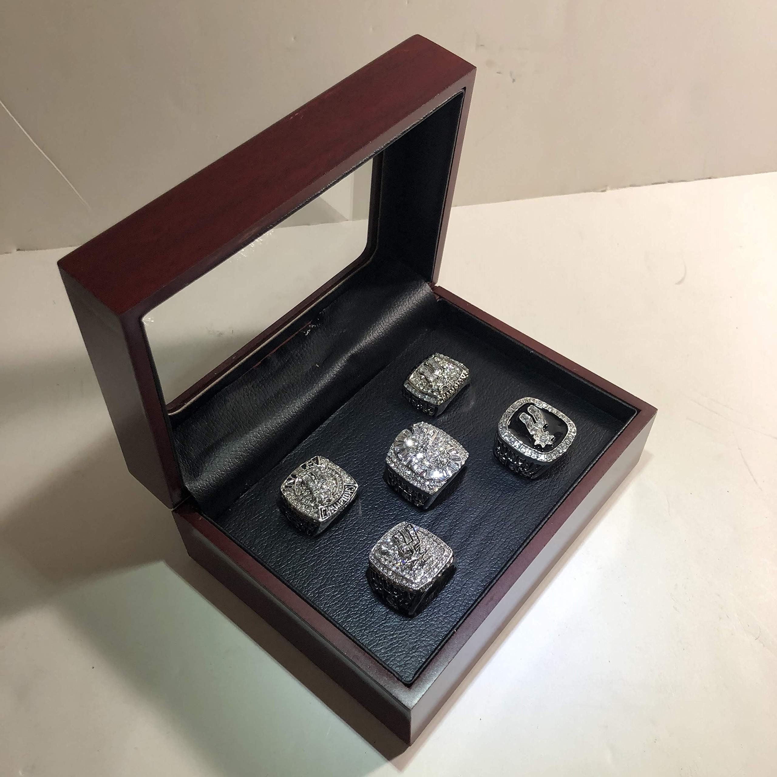 Set of 5 San Antonio Spurs Championship Replica Rings W/Box- Various Sizes Silver Color Collectible Tim Duncan 1999, 2003, 2005, 2007, 2014 USA SHIPPER