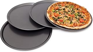 Relaxdays rundes Pizzablech, Backblech 4er Set, Backset aus beschichtetem Carbonstahl, Pizza & Flammkuchen, 33cm Ø, grau