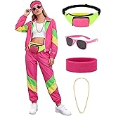 SOMSOC 7 Pieces 80s Tracksuit for Women 90s Windbreaker Sweatpants Outfit Color Block Jacket with Fanny Pack Accessories