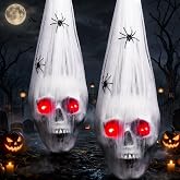 Halloween Hanging Skull Decorations Outdoor - 2 PCS Hanging Skull Decor, Halloween Decor Skeleton with LED Red Eyes 2 Spiders for Halloweens Party Haunted House Yard Outside Indoor Decoration