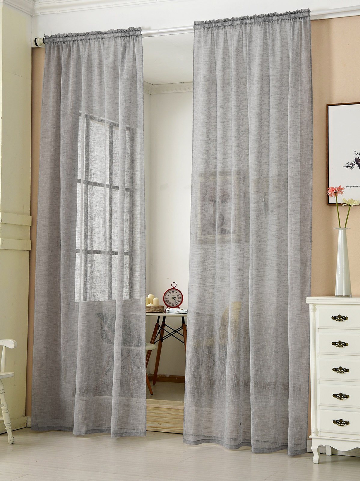 Laneetal Woven Voile Sheer Curtains Rod Pocket Bedroom Living Room Window Curtains in Dark Grey Linen Look 2 Panels W55 x L89 Inch