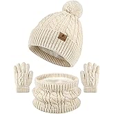 Wenouy Kids Winter Hat Gloves Scarf Set Toddler Winter Beanie with Pom Knit Neck Warmer Fleece Lined Gloves for Boys Girls