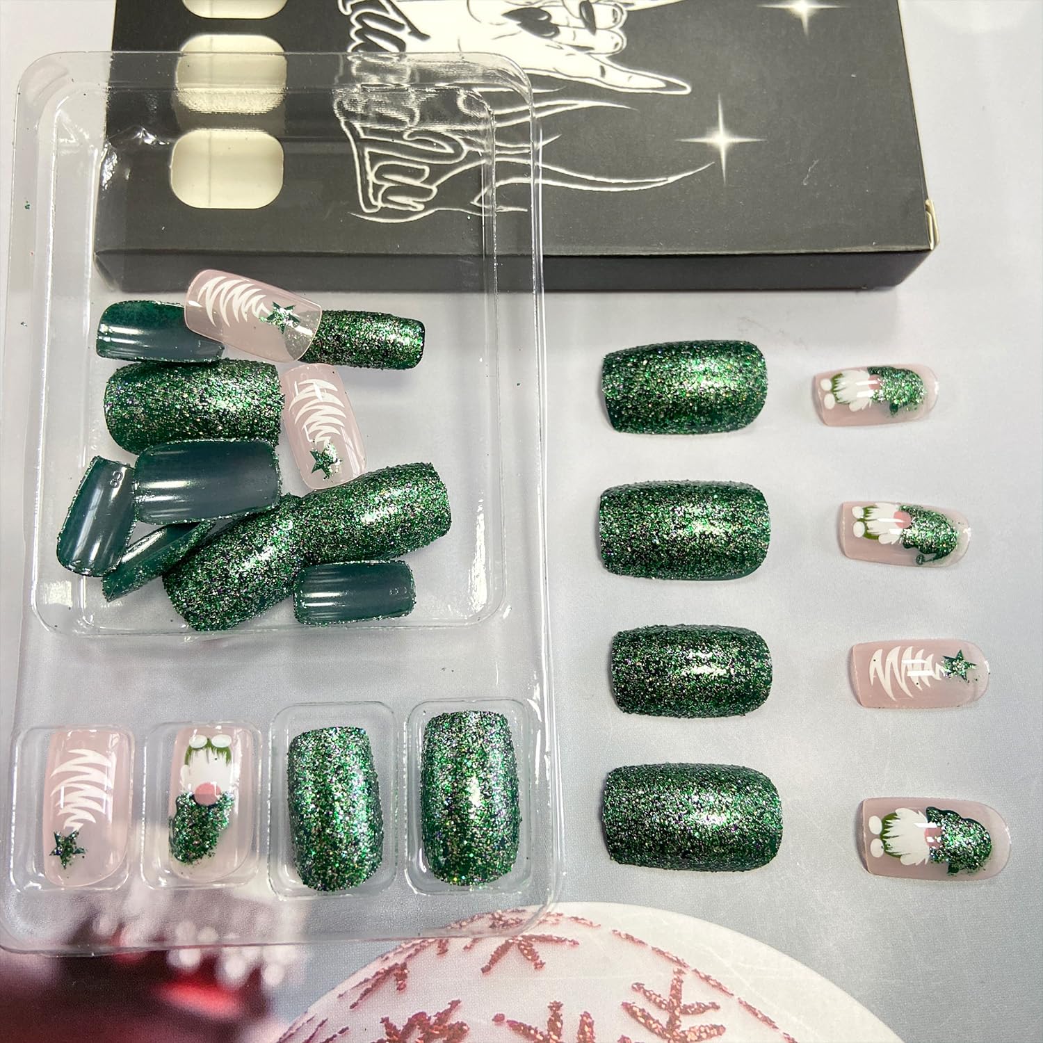 Christmas Press On Green Glitter Gnome Glue On Medium Square False Nails - Winter Xmas Acrylic Nails for Women & Girls - Image 3