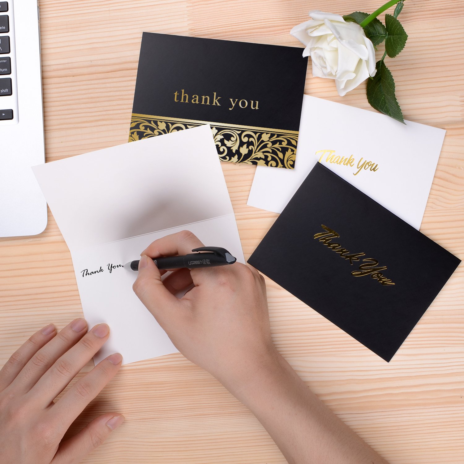 Gold Foil Blank Thank You Cards with Self Seal Envelopes - Perfect for Wedding, Baby Shower, Bridal Shower or Teacher - 4.1x5.8 Inch Size，50 Pack