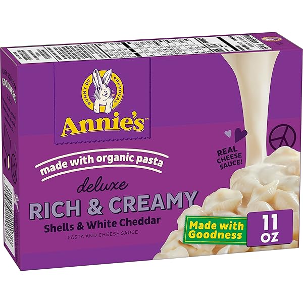 ANNIE’S DELUXE MACARONI AND CHEESE WITH ORGANIC PASTA, REAL WHITE CHEDDAR CHEESE AND SHELLS, 11 OZ