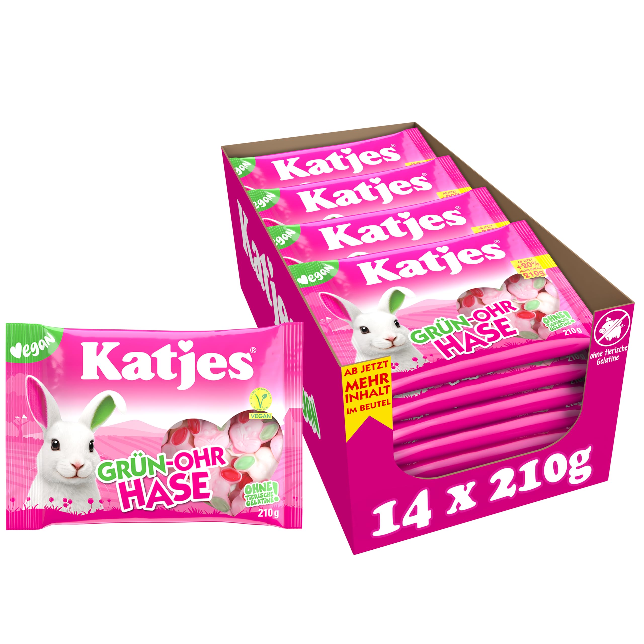 Katjes Grün-Ohr Hase Vorratspack – Schaumzucker mit Fruchtgummi – in Häschen-Form, Vegan, Halal, 14 x 210g