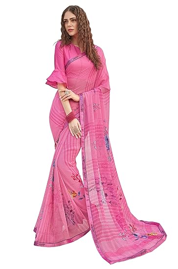 Womens Pink Floral Print Georgette Saree With Satin Border And Blouse Materia_RKSCPC41819