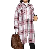 ZAAYO Women's Plus Size Plaid Flannel Shacket Long Shirts Jacket Tartan Boyfriend Oversized Coat Fall Clothes Fashion Outfits