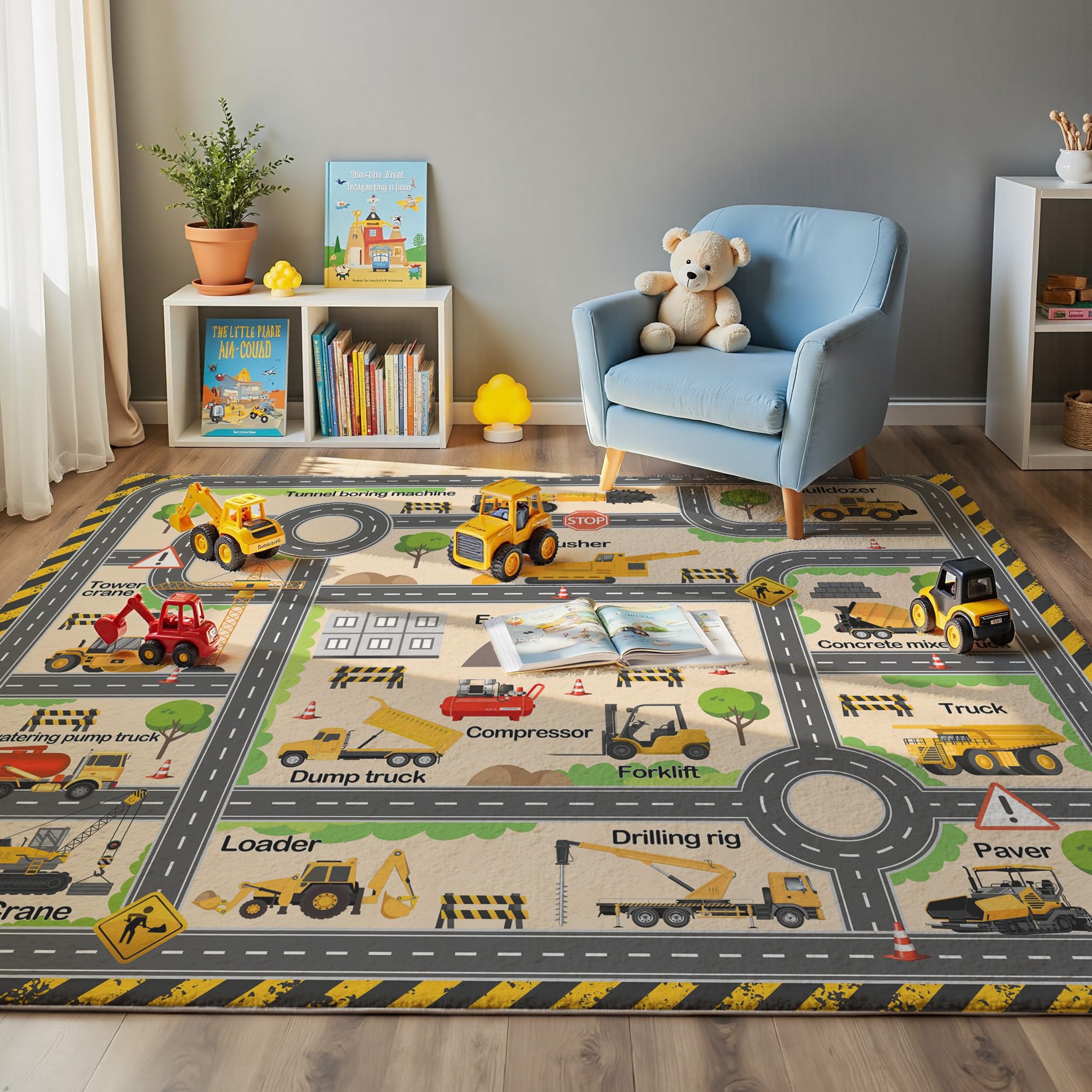 Photo 1 of Construction Site Play Rug for Kids - Interactive Engineering Vehicles Faux Wool Carpet with Excavator & Digger Design, Non-Slip Educational Mat for Playroom, Bedroom Gifts (Boys & Girls)