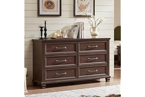 SAVOR LIFE Farmhouse 6 Drawer Dresser for Bedroom, 54 inch Wide Large Vintage Chest of Drawers with Square Solid Wood Legs, Rustic TV Stand for Living Room, Wooden Storage Dressers for Hallway, Walnut