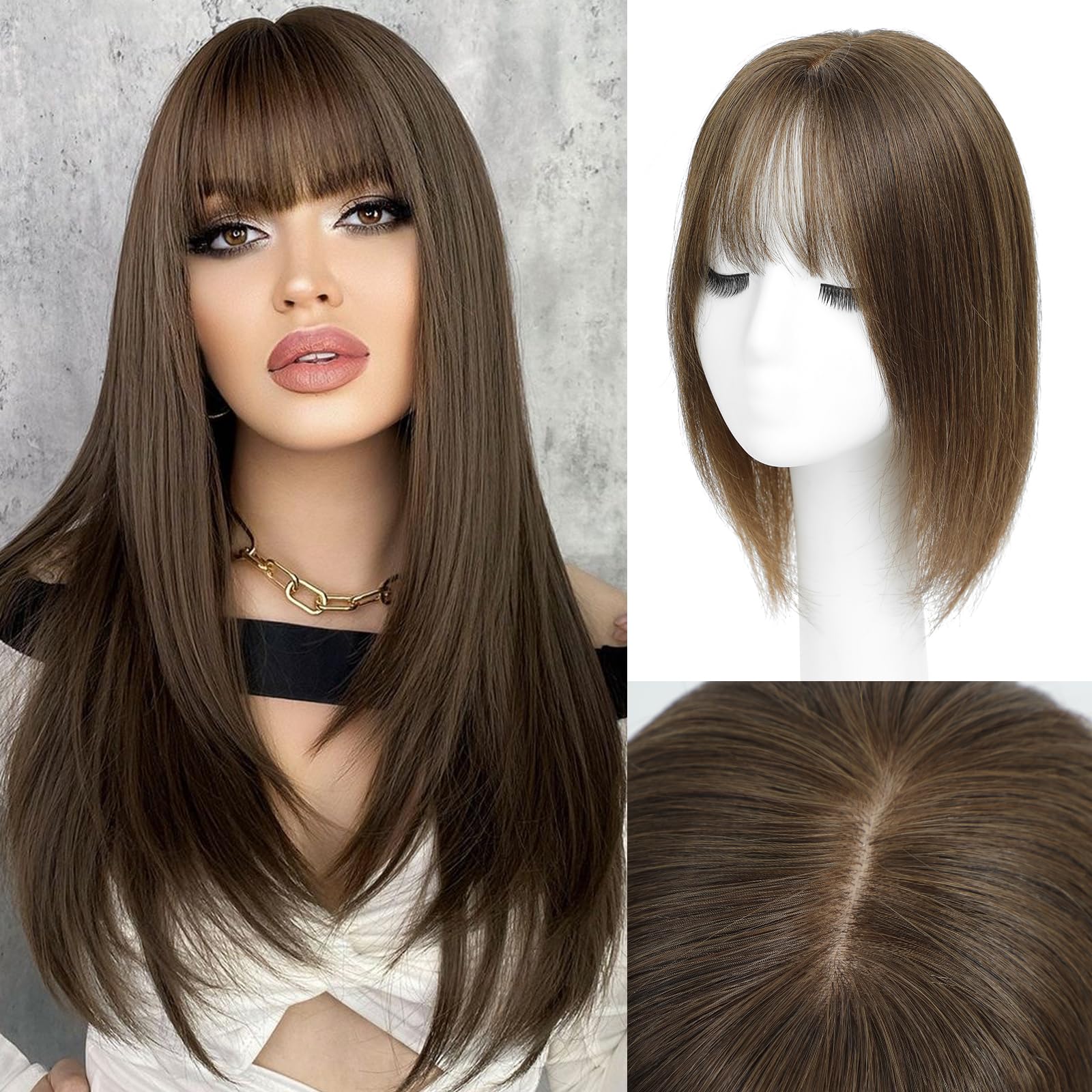 Hair Toppers for Thinning Hair Women Real Hairs Toppers for Women with Bangs Real Human Hair 12inch 6.5 * 6.5In Skin Scalp Big Base Cover Thinning Hairs