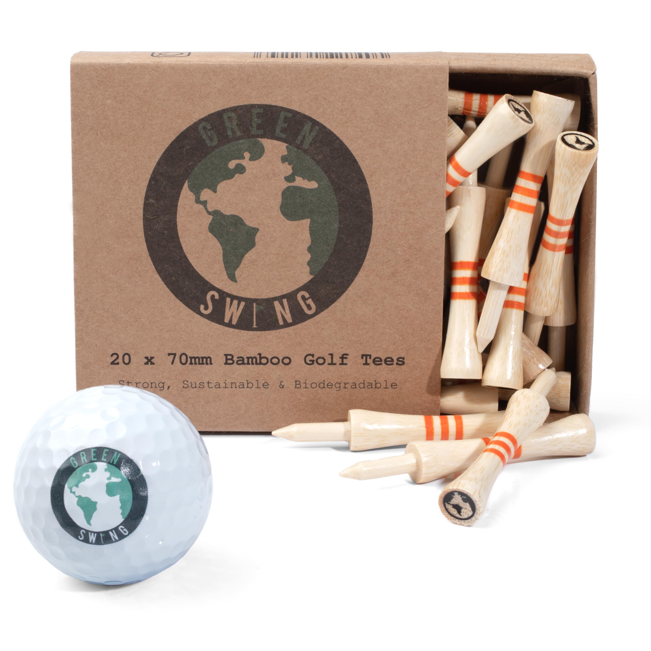 Green Swing Bamboo Golf Tees 70mm | Strong Sustainable Biodegradable | 20pcs | Orange Castle Tees