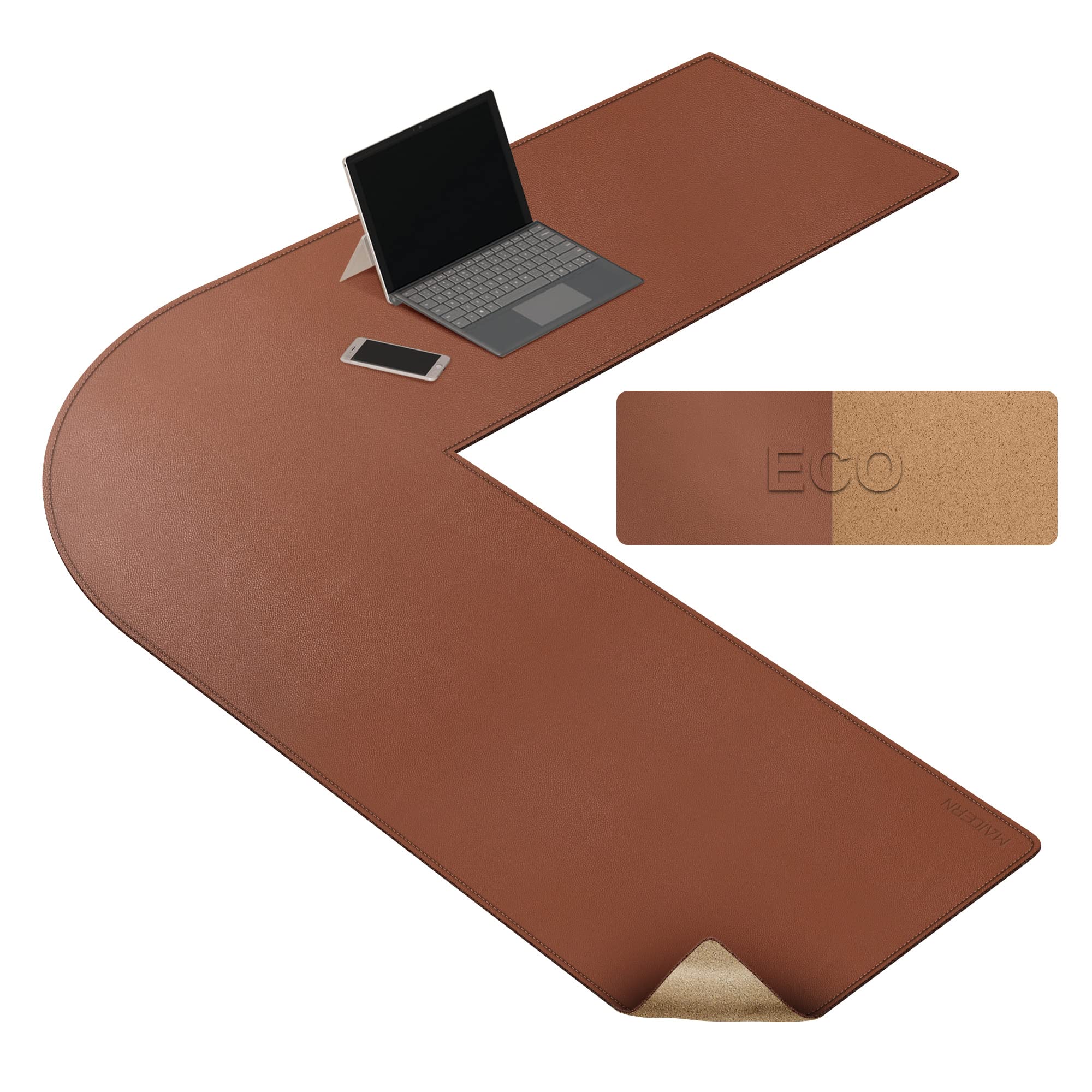 MAIDERN L Shaped Corner Desk Mat, 120x120x40cm Cork & Leather Reversible Desk Pad for Gaming Computer Office Home (Light Brown)