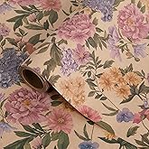 Kraft Floral Wrapping Paper Roll 17 in x16.5 ft Mini Roll Vintage Pink Peonies Wildflowers Garden Flower Gift Wrap Paper for Girls Women Mother All Occasion Wedding Birthday Bridal Shower Party