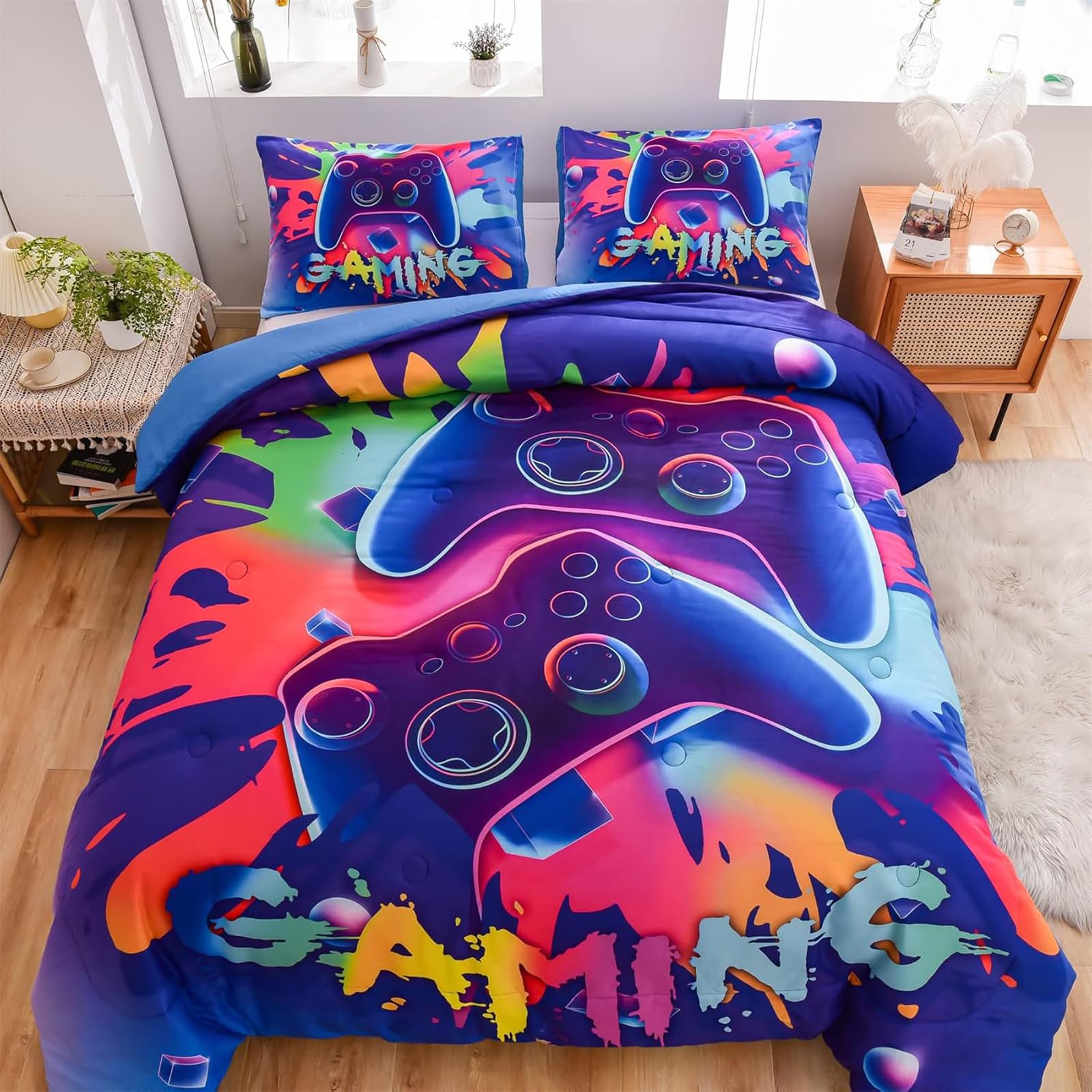 Tabeskly Boy Kids Blue Gaming Gamepad Gamer Soft Zipper Bed Bedding Duvet Cover Set Double Colorful Purple 200×200cm
