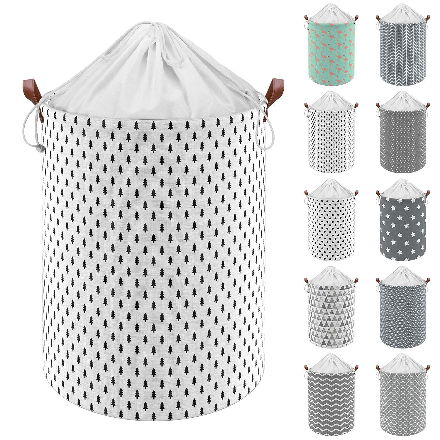 Vinsani 19.7” Freestanding Laundry Basket Storage Sorter with Drawstring Lid, Collapsible Thick Canvas Hamper Basket For Clothes, Toys, Blankets, Towels & other Bathroom and Bedroom Use – Tree