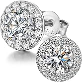 Jiamiaoi 18K White Gold Plated 3.5 Carats Round Halo Earrings 925 Sterling Silver Solitaire Stud Earrings for Women Men, Sparkle 5A+ Cubic Zirconia Studs Fashion Jewelry for Women
