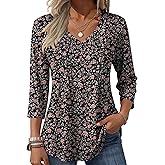 Zeagoo 3/4 Length Sleeve Womens Tops Casual V Neck Pleated Top Boho Floral Blouses Work Shirts