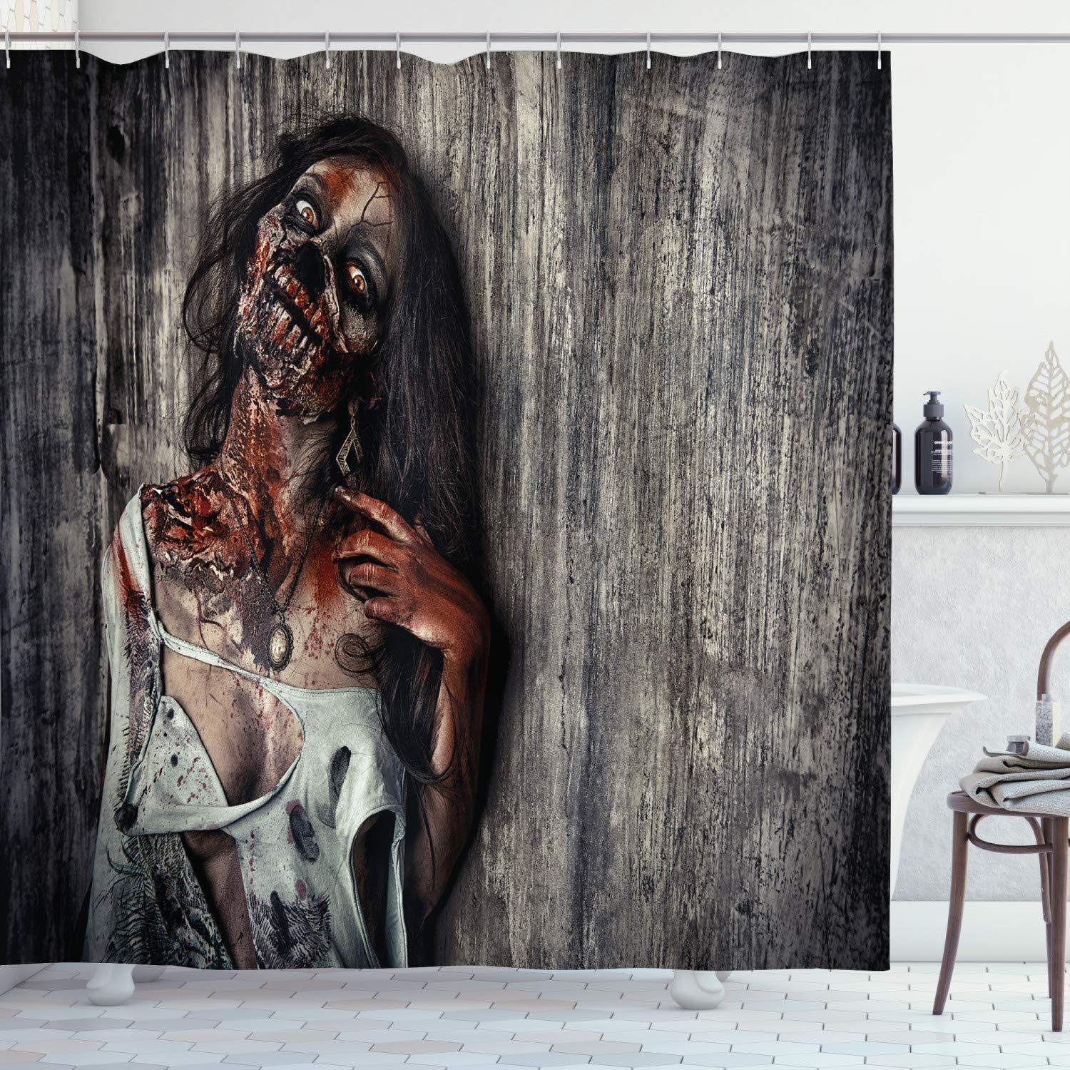 ABAKUHAUS Zombie Shower Curtain, Angry Dead Woman Sacrifice Fantasy Design Mystic Night Halloween Image, Cloth Fabric Bathroom Decor Set with Hooks, 86 Inches Extra Long, Dark Taupe Peach Red