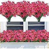 Bassion 24 Bundles Artificial Flowers for Outdoors Decoration, UV Resistant Fuchsia Silk Fake Faux Flowers Artificial Plants for Outside Window Box Porch Garden Home Decor
