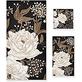 YOCIBIUT 3 Piece Vintage Beige Peony Bath Towels Set,Microfiber Absorbent Gold Black Floral Leaves Rustic Towels for Bathroom,1 Bath Towel,1 Hand Towel,1 Washcloth,Decorative Guest Bathroom Towels