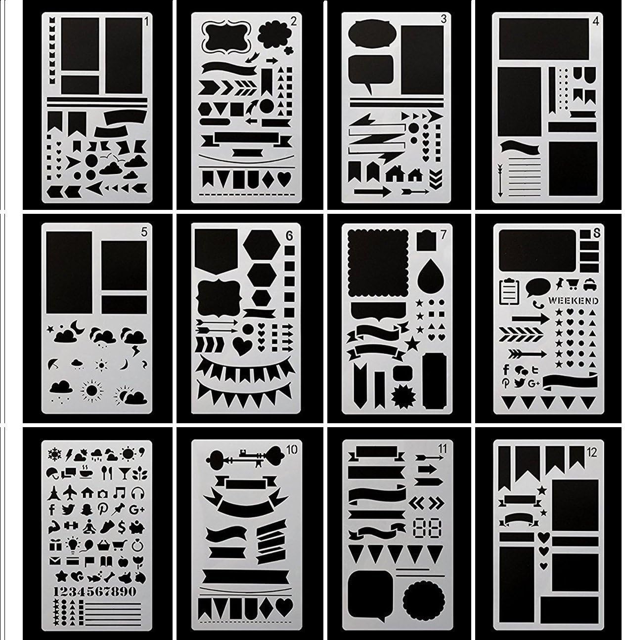 Huhuhero Bullet Journaling Stencils Plates - Drawing Templates Ruler Set to Decorate Journal, Calendar, Planner, Leuchtturm & A5 Notebooks - Best Work with Fine Line Pens-12pcs