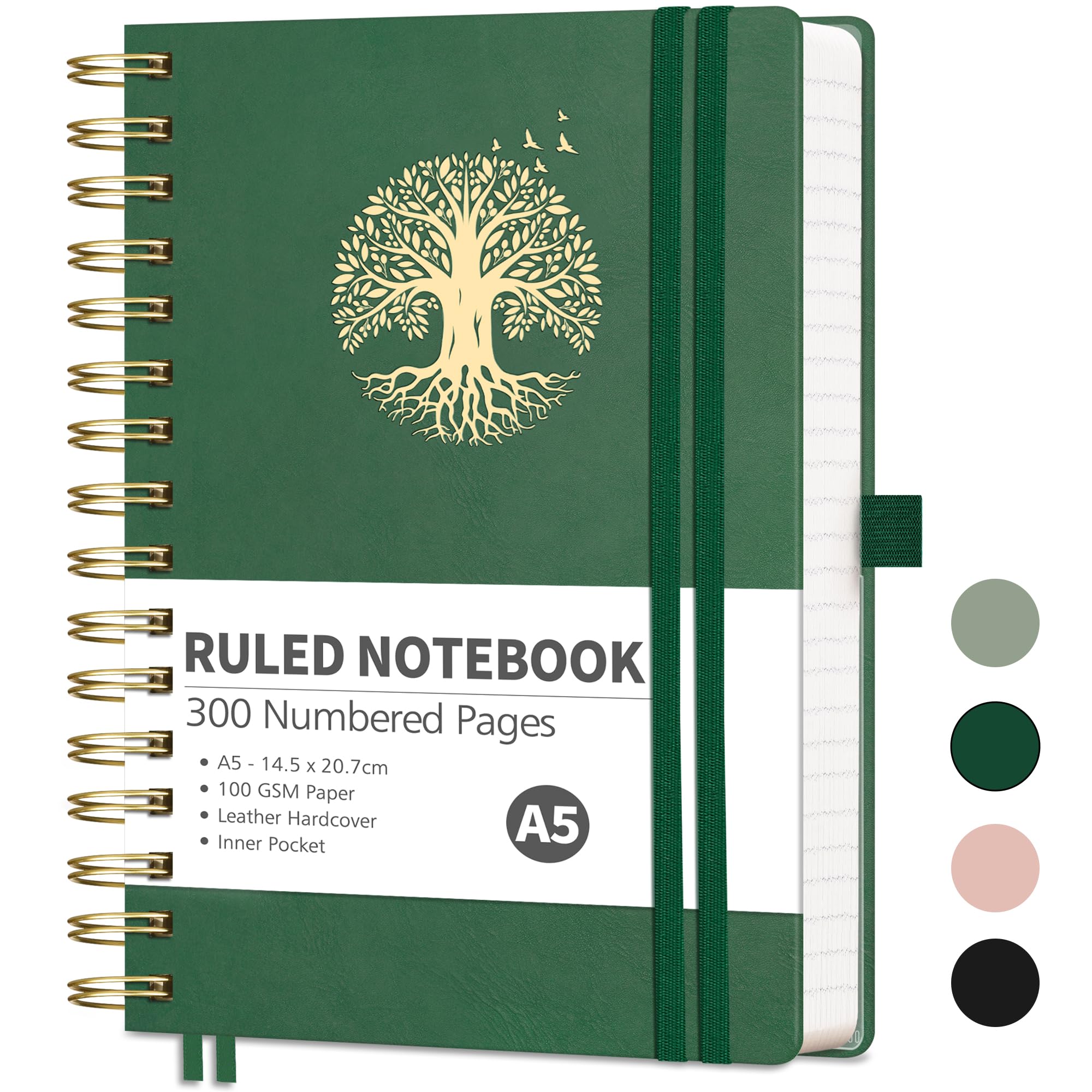RETTACY A5 Notebook-Spiral Bound Notebook Journal for Men,Lined 300 Pages Hardback Leather Note Pad with 100gsm Thick Paper for Writing,Inner Pocket,Sticky Notes,14.5 x 20.7cm - DarkGreen