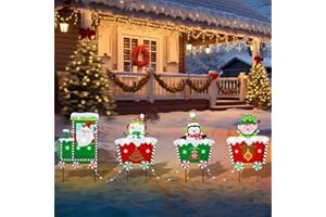 WONDER GARDEN Christmas Metal Yard Stakes, Lighted 4 Pack Christmas Garden Stakes Yard Signs, Outdoor Decorations Train with Santa, Snowman, Penguin, Boy for Lawn Party Outside