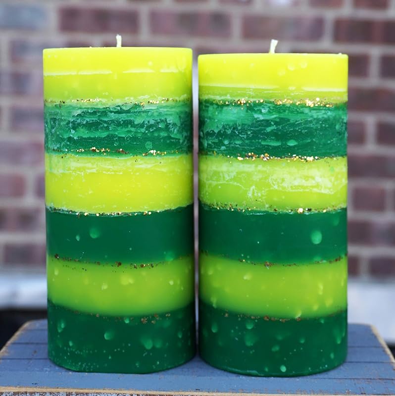 Yellow Green Pillar Candle Set of 2 Layered Scented